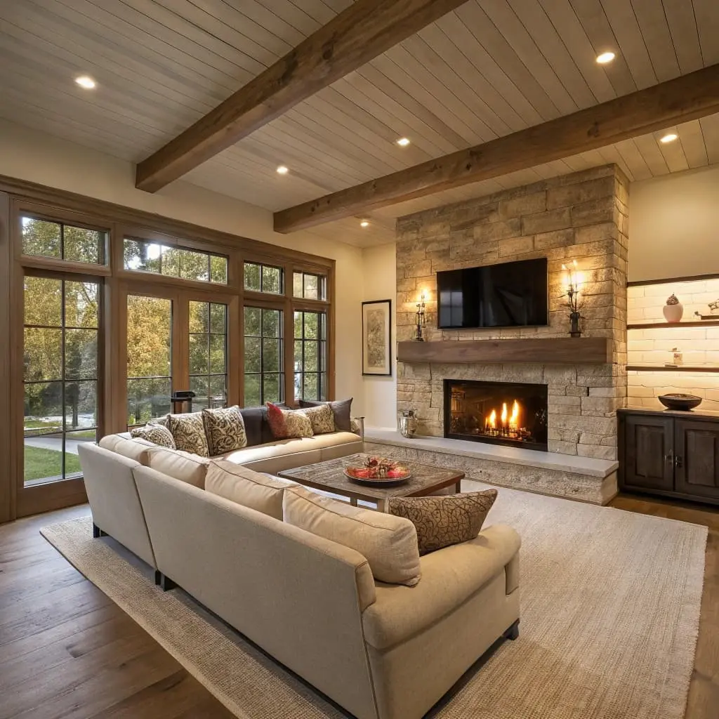 living room furniture layout with corner fireplace