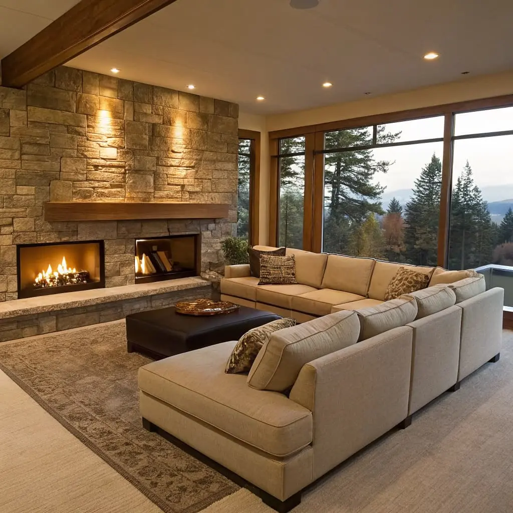 living room furniture layout with corner fireplace