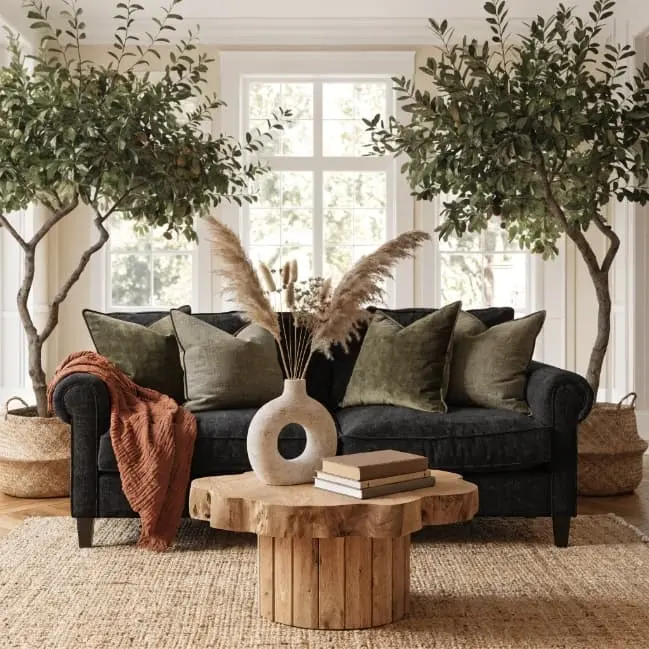 living room with black couch