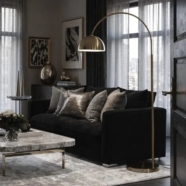 living room with black couch