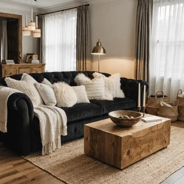 living room with black couch