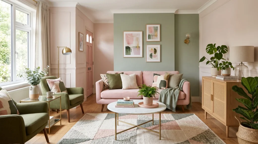 pink green living room paint makeover
