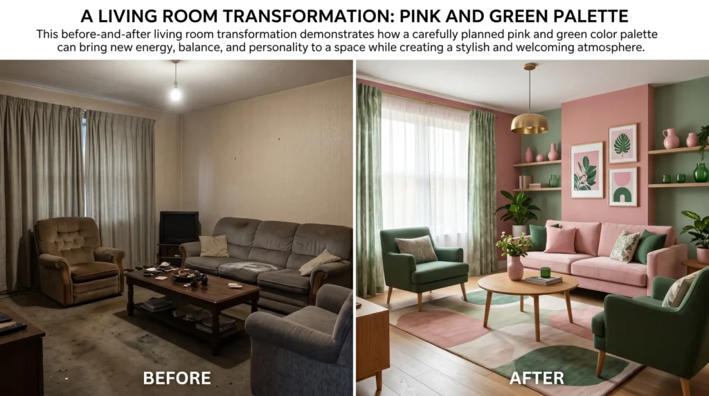 pink green living room paint makeover